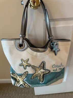 Coach Canvas Starfish Tote in Cream and Teal with Metallic Trim